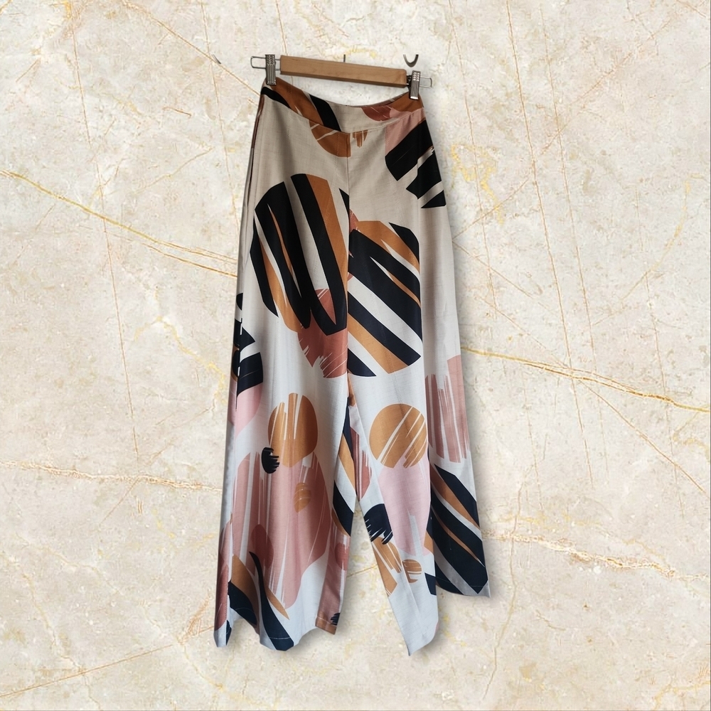 Eva Franco Cream Wide-Leg Pants with Pink, Black & Tan Abstract Circles